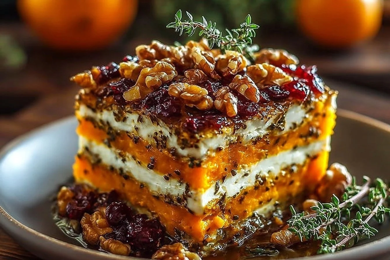 Layered Sweet Potato, Butternut Squash & Carrot Lasagna with Feta, Walnuts, and Cranberry-Honey Glaze