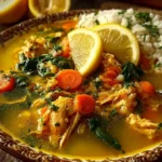 Bowl of Lemon Ginger Turmeric Chicken and Rice Soup with fresh herbs