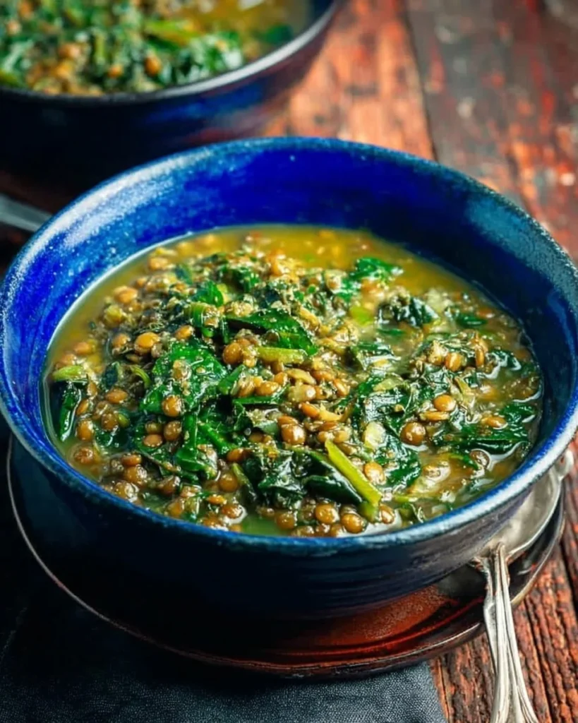 Bowl of lentil and spinach stew garnished with fresh herbs