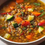 Bowl of easy lentil vegetable soup with fresh vegetables and herbs