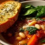 Bowl of Parmesan Tomato Soup with cannellini beans garnished with fresh herbs