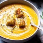 Bowl of roasted sweet potato and carrot soup with lentils, garnished and ready to serve.
