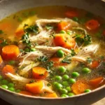 Bowl of slow cooker chicken soup with vegetables and herbs
