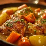 Bowl of slow cooker chicken stew with vegetables and herbs
