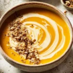 Bowl of spiced sweet potato and carrot soup garnished with herbs.