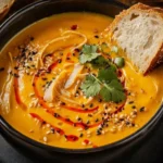 Bowl of spicy carrot and red lentil soup garnished with herbs