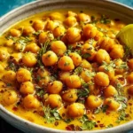Bowl of spicy chickpea curry garnished with fresh herbs and served with rice.