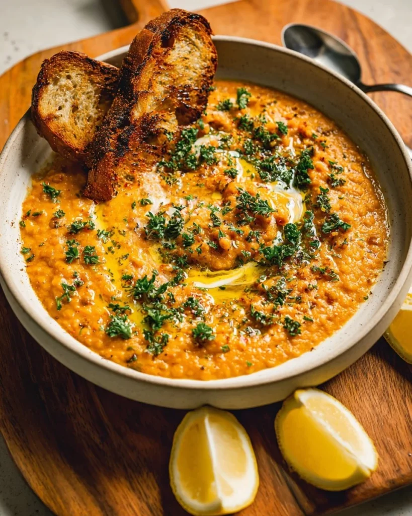 A bowl of spicy red lentil curry garnished with cilantro.
