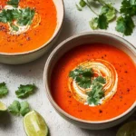 Bowl of spicy Thai lentil soup garnished with herbs and spices