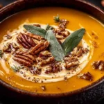 A bowl of sweet potato apple coconut soup garnished with herbs.