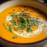 Bowl of creamy sweet potato soup garnished with herbs