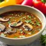 Delicious Thai coconut curry soup garnished with herbs and spices.