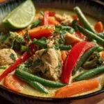 Delicious bowl of Thai Curry Chicken Soup with vibrant colors and fresh ingredients.