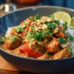 Delicious Thai Peanut Chicken served with a side of vegetables and rice.