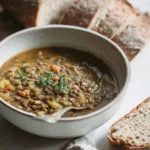 Delicious Vegan Lentil Bake served in a rustic dish, garnished with herbs.