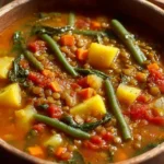 Bowl of homemade vegan lentil soup with fresh herbs and vegetables