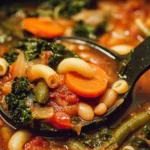 Bowl of colorful vegetable minestrone soup with fresh ingredients