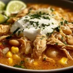 Delicious bowl of white chicken chili garnished with fresh herbs