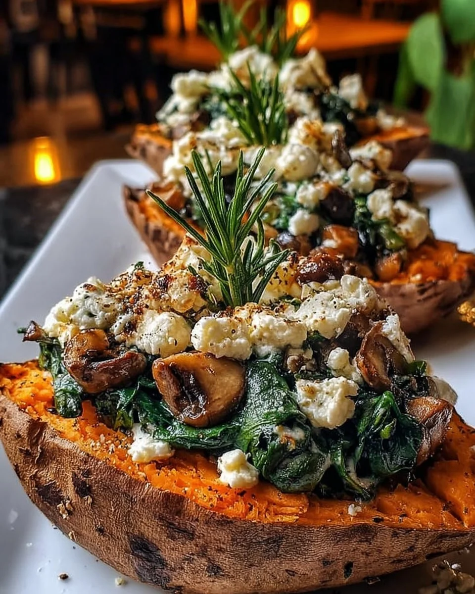 Stuffed Sweet Potatoes with Spinach, Mushroom, Feta & Rosemary