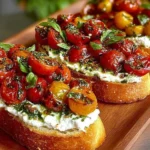Delicious Burrata Bruschetta topped with tomatoes and basil.