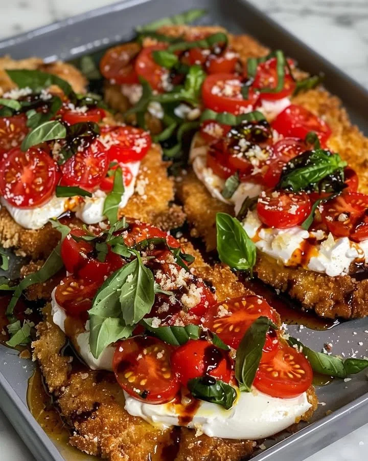 Italian Basil Chicken Cutlets with Tomato and Burrata Topping
