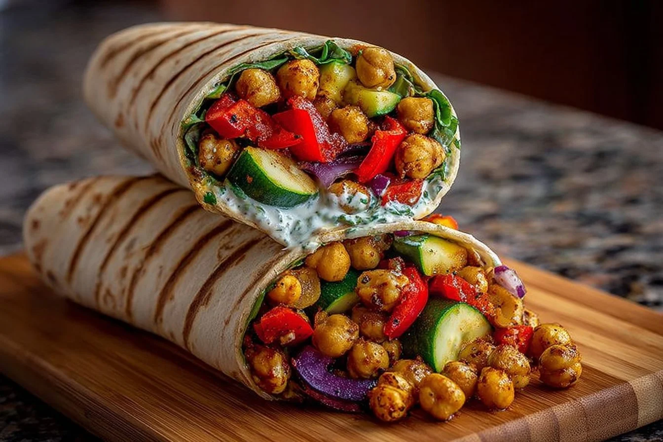 Mediterranean Roasted Veggie & Chickpea Wrap with Creamy Feta-Yogurt Dressing