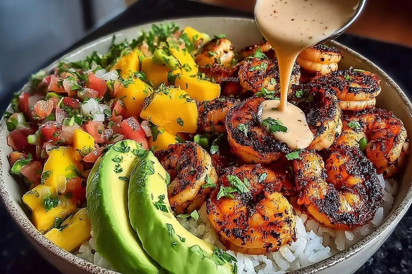 Shrimp and Avocado Bowls with Mango Salsa & Lime-Chili Sauce