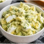 Creamy avocado egg salad served in a bowl, garnished for freshness.