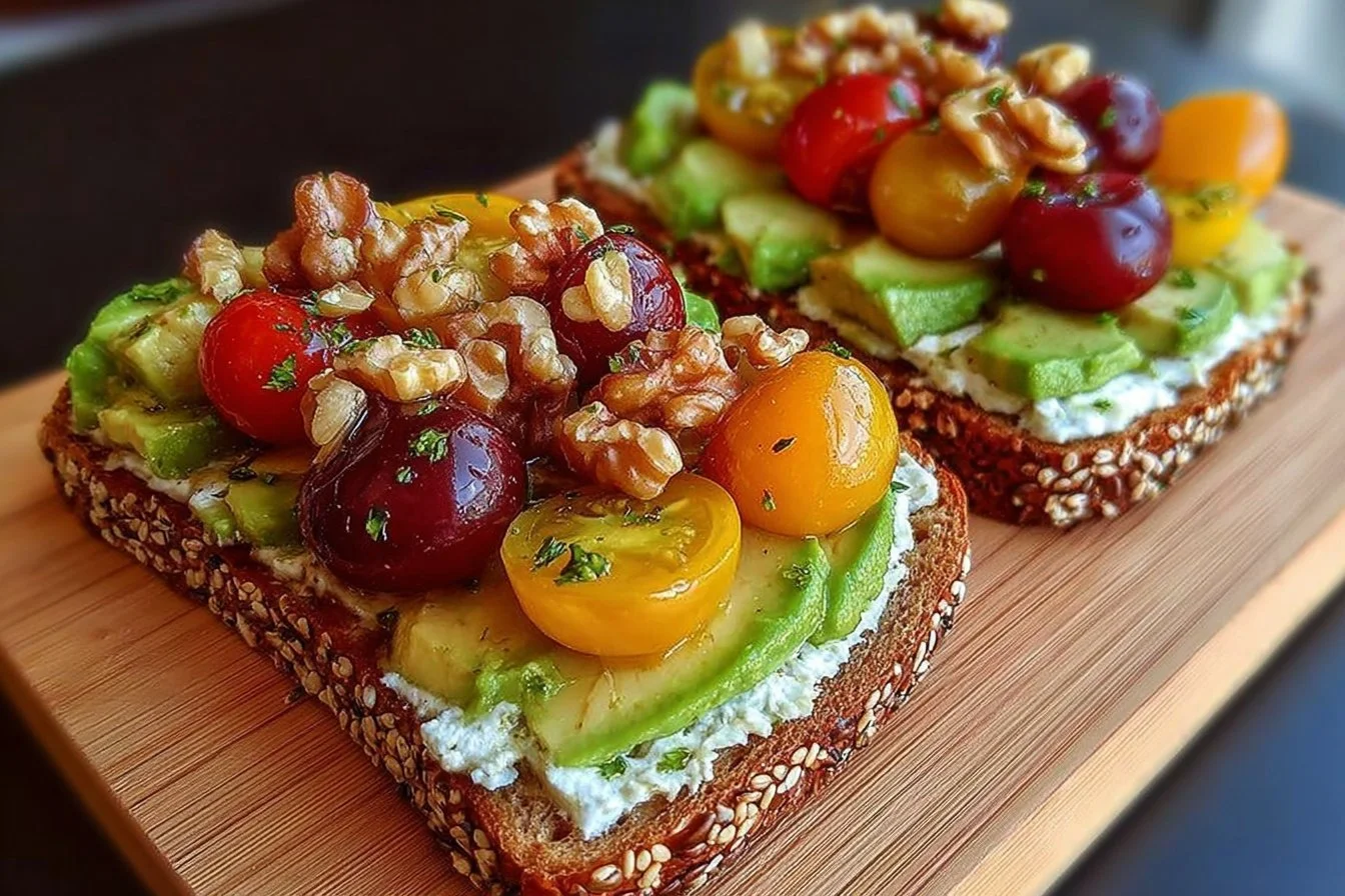Avocado Toast with Feta, Cherry Tomatoes, Cranberries, and Walnuts
