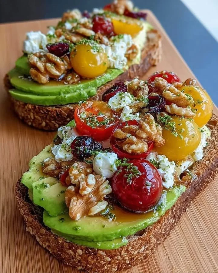 Avocado Toast with Feta, Cherry Tomatoes, Cranberries, and Walnuts