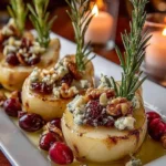 Baked pears with brie cheese, walnuts, and cranberries served on a plate