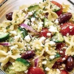 Delicious Greek Pasta Salad with Feta Cheese in a bowl