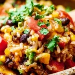 Colorful and fresh burrito bowl ready to eat with various toppings