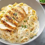 Delicious Chicken Alfredo pasta with creamy sauce and grilled chicken on top.
