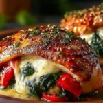 Chicken stuffed with roasted red pepper and spinach on a plate