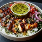 Chimichurri Grilled Chicken Bowl drizzled with garlic sauce served in a bowl.