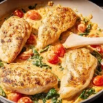 Creamy Tuscan chicken with spinach and sun-dried tomatoes in a rich sauce