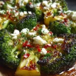 Crispy smashed broccoli with feta and chili crisp honey on a plate.
