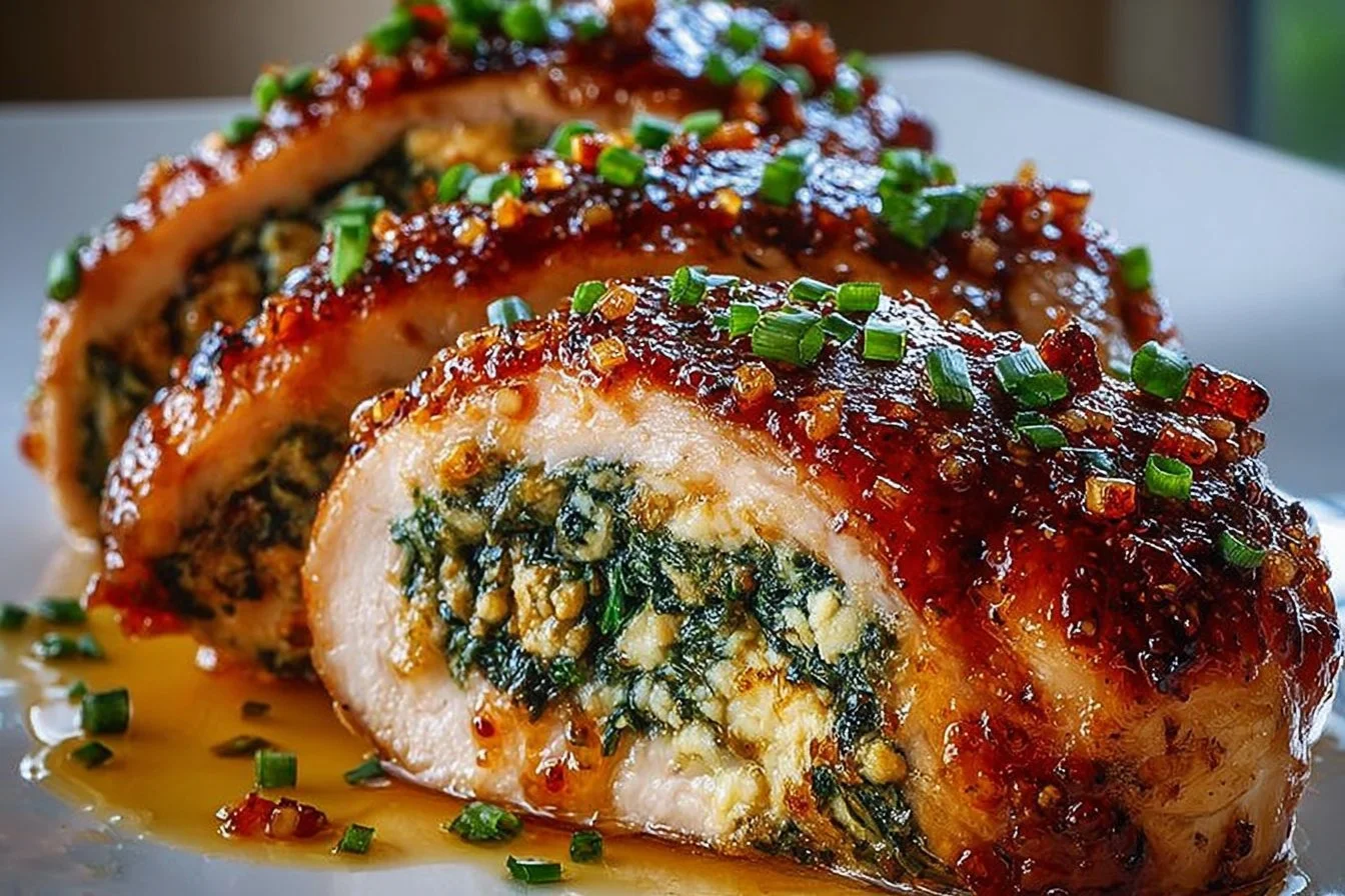 Crispy Stuffed Chicken Rolls with Spinach, Feta & Hot Honey Glaze