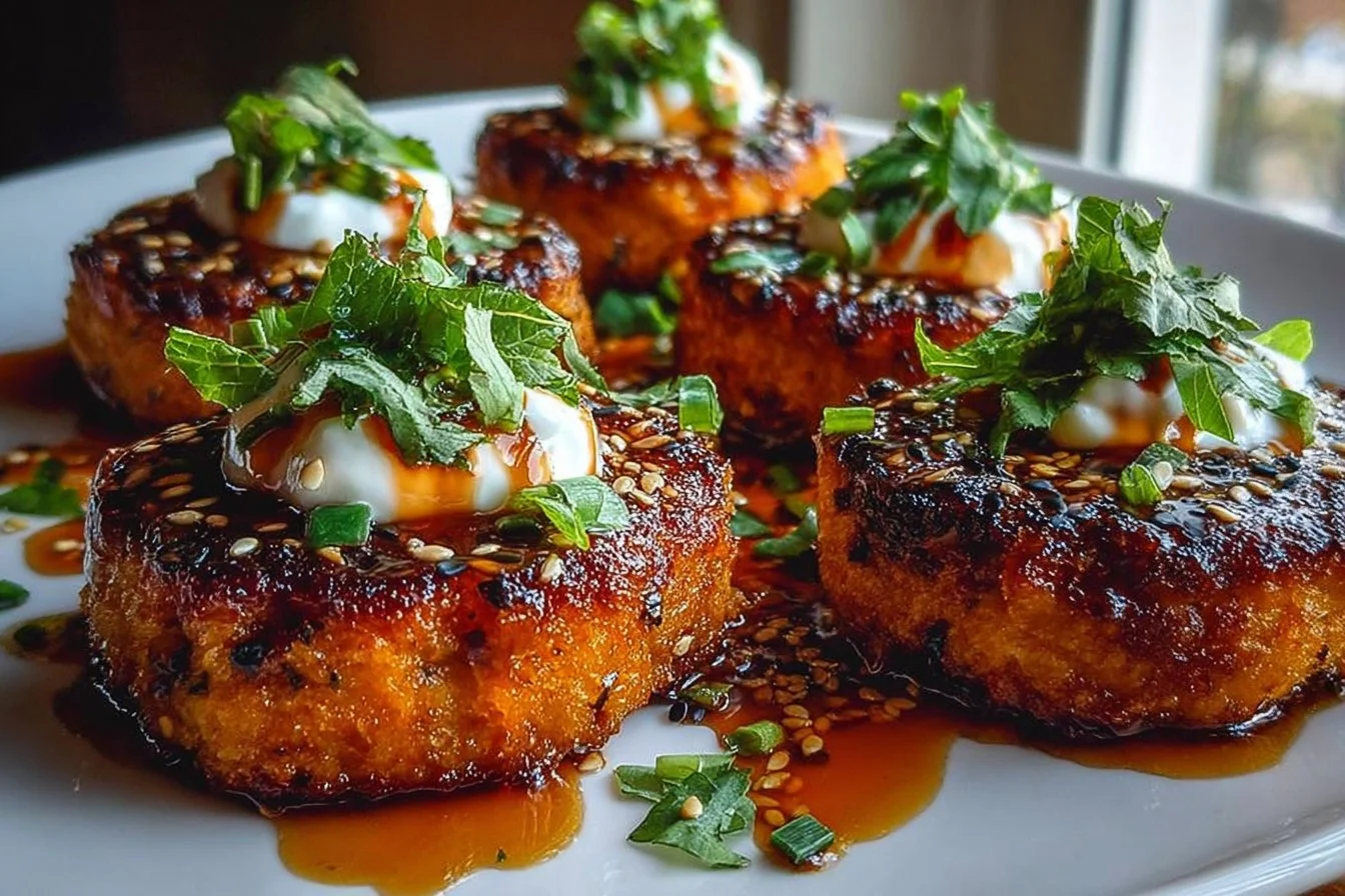 Crispy Sweet Potato Patties with Whipped Feta & Hot Honey Sriracha Drizzle