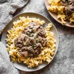 Delicious easy beef stroganoff served with noodles on a plate