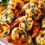 Garlic grilled shrimp skewers on a plate garnished with herbs