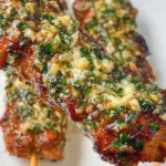 Garlic Parmesan Chicken Skewers on a grill ready to serve