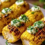 Grilled corn on the cob served with herb butter, ready to enjoy at a summer barbecue.