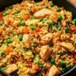 Delicious bowl of irresistible chicken fried rice with colorful vegetables