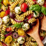 Colorful Italian pasta salad with vegetables and dressing in a bowl