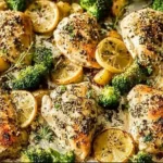 Delicious Lemon Garlic Chicken sheet pan with potatoes and broccoli ready to serve.