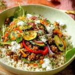 Mediterranean Beef and Veggie Skillet with colorful vegetables and spices