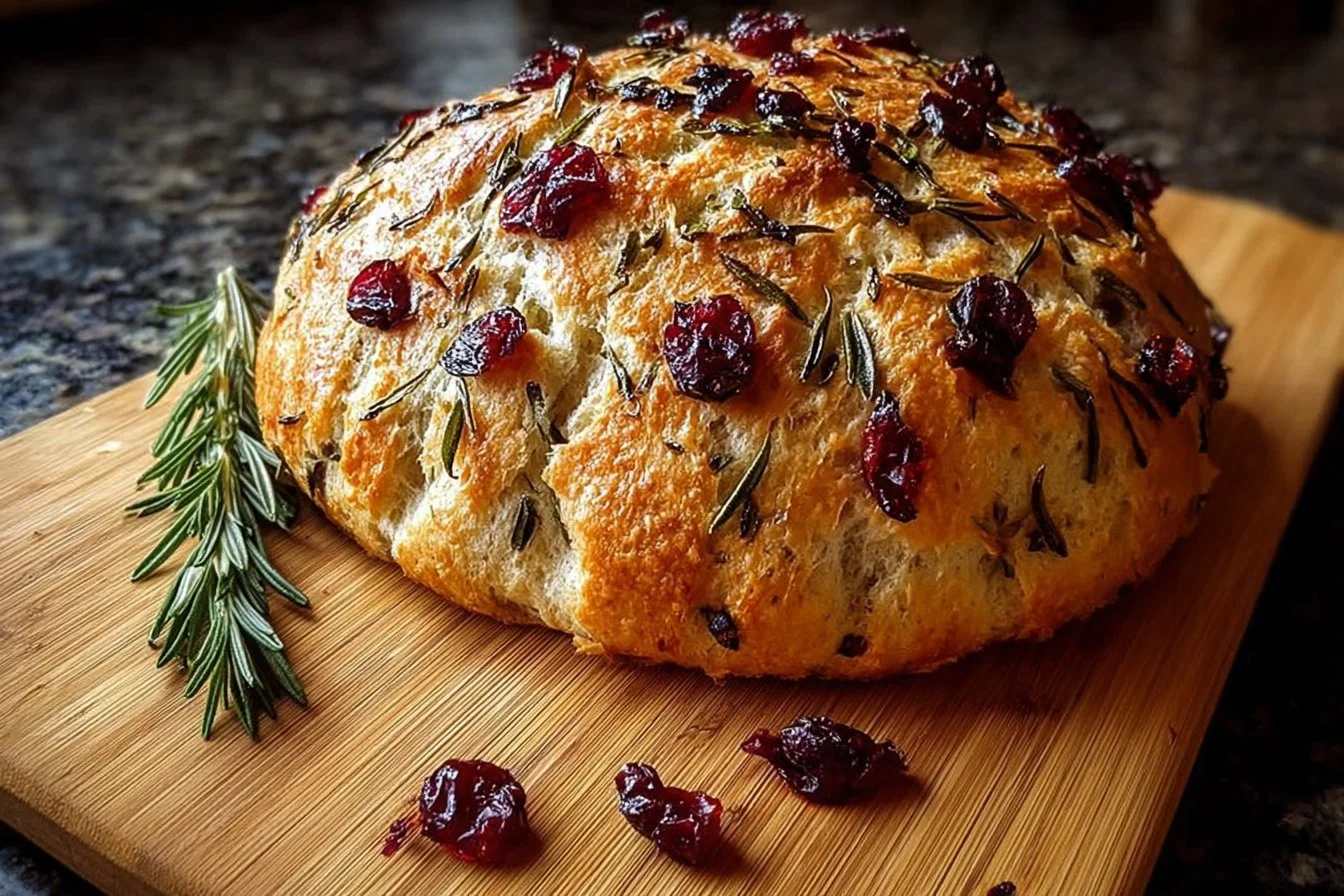 No-Knead Rosemary Cranberry Bread with Olive Oil & Sea Salt