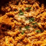 One Pot Creamy Tomato Beef Pasta served in a dish with herbs